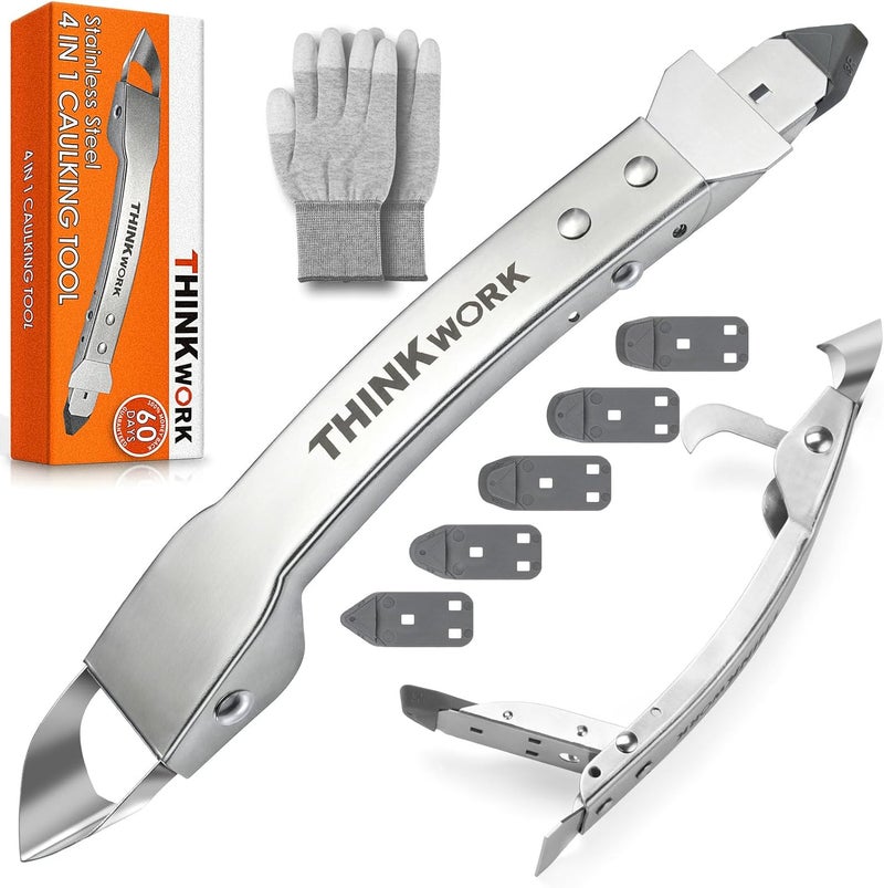 THINKWORK Caulking Tool Kit, 4 in 1 Caulk Remover Tool, Stainless Steel Caulk Tool for Kitchen Bathroom Window Sink Tile Joint, Silver - Image 1